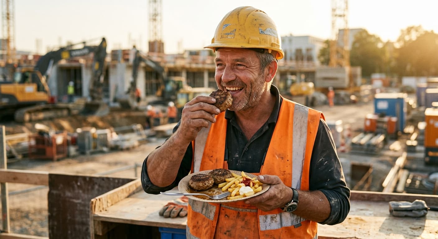 Zufriedener Bauarbeiter mit warmem Mittagessen auf der Baustelle