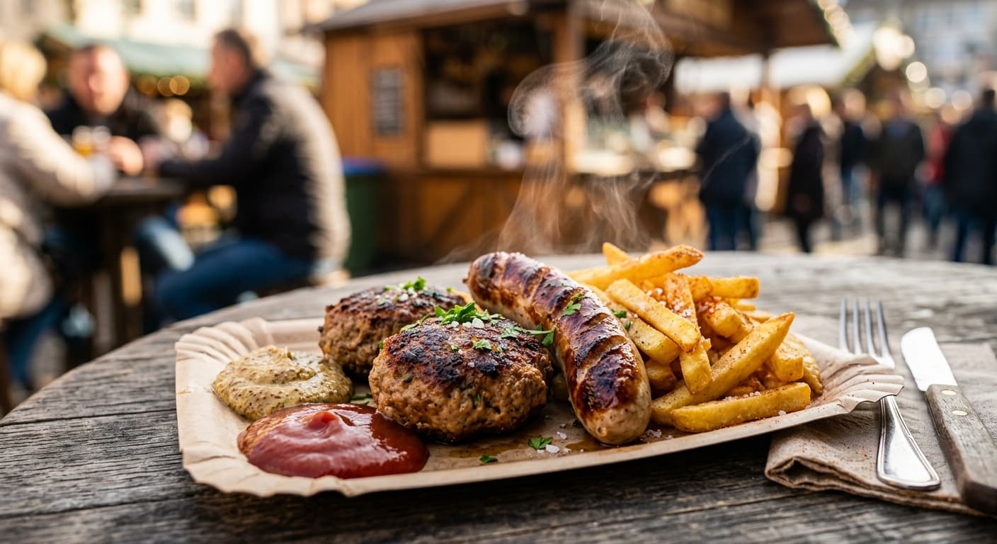 Frische Bulette, Bratwurst und Pommes – dampfend serviert