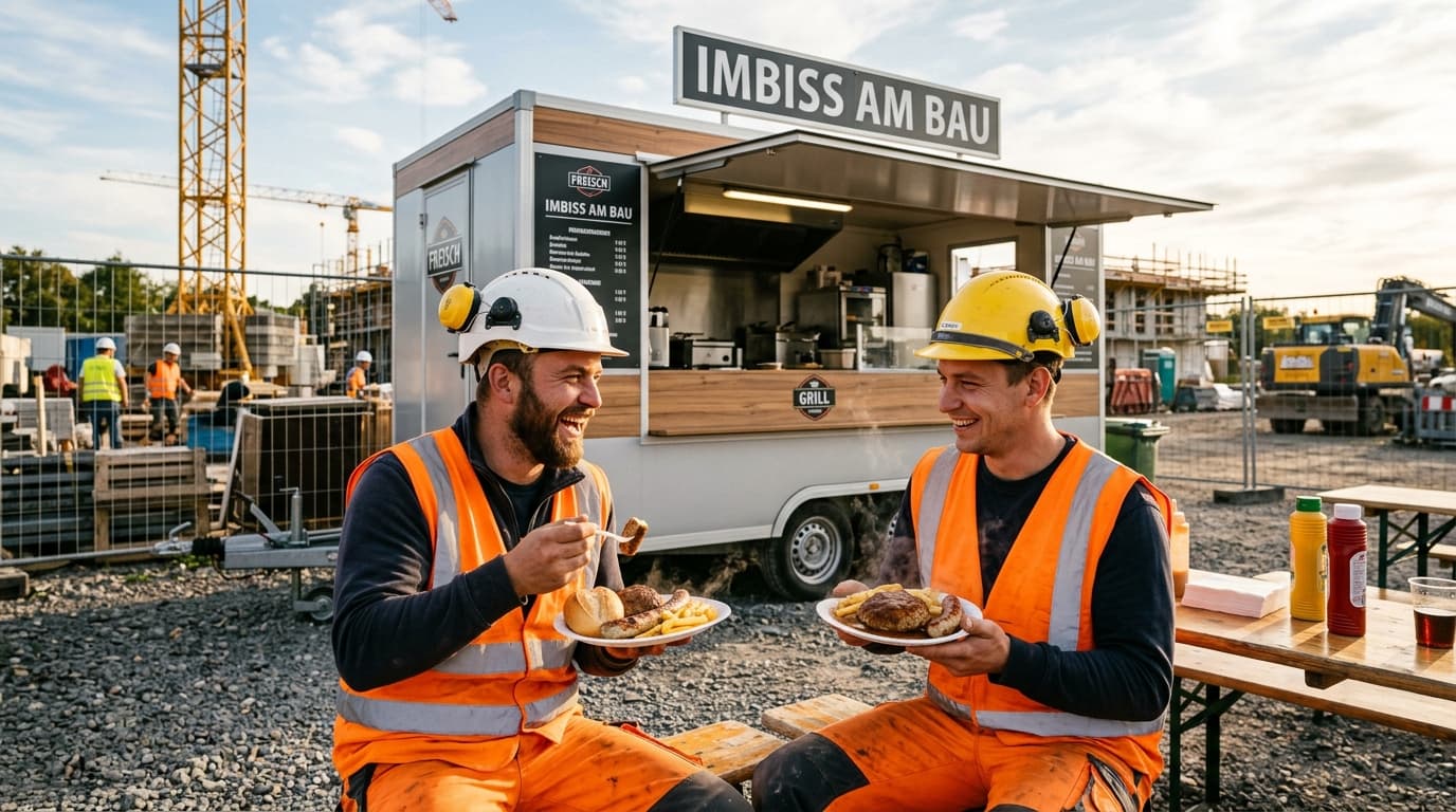 Bauarbeiter genießen frische Bulette und Bratwurst am Food-Anhänger auf der Baustelle