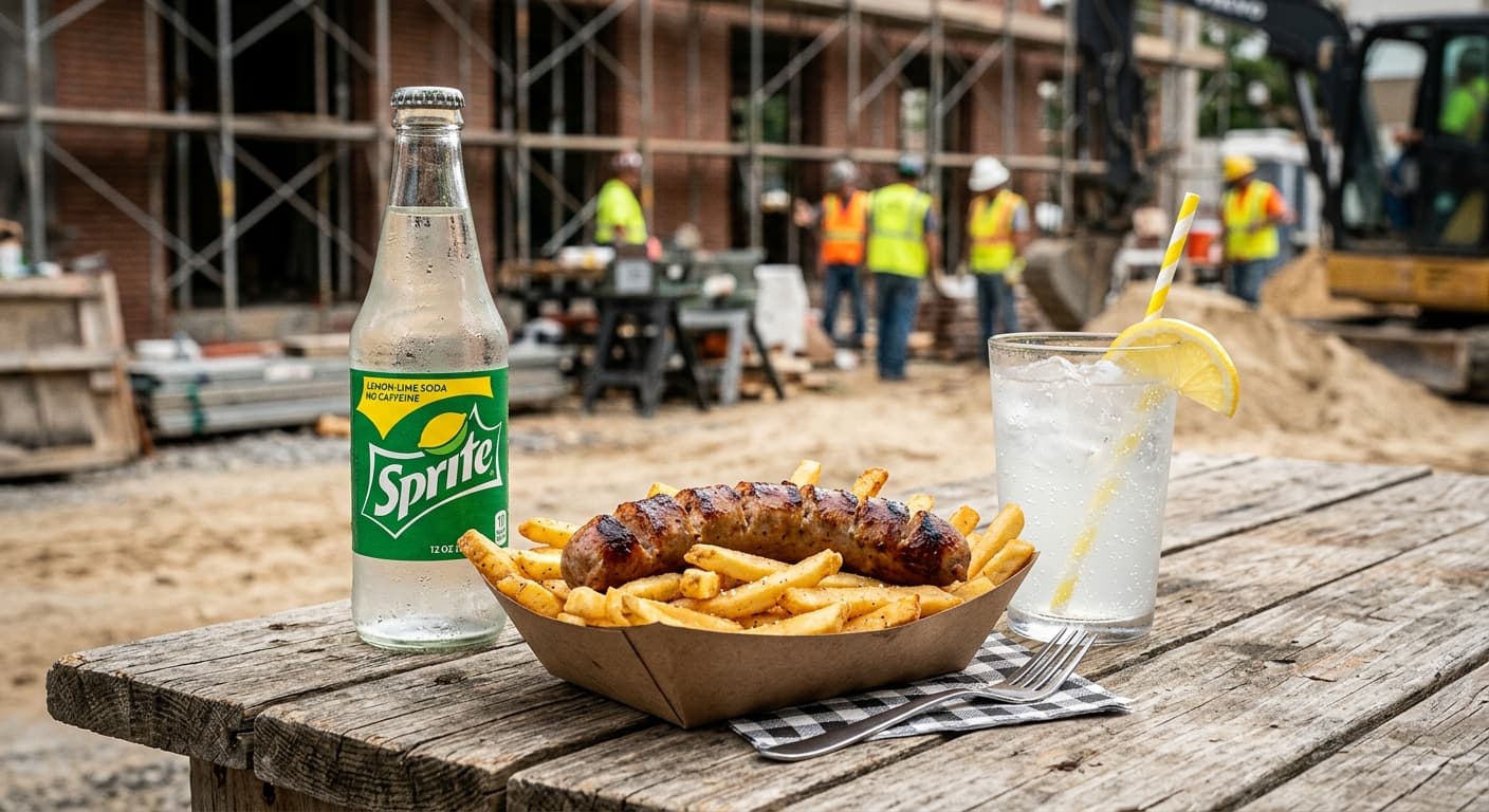 Pommes mit Würstchen + Softdrink
