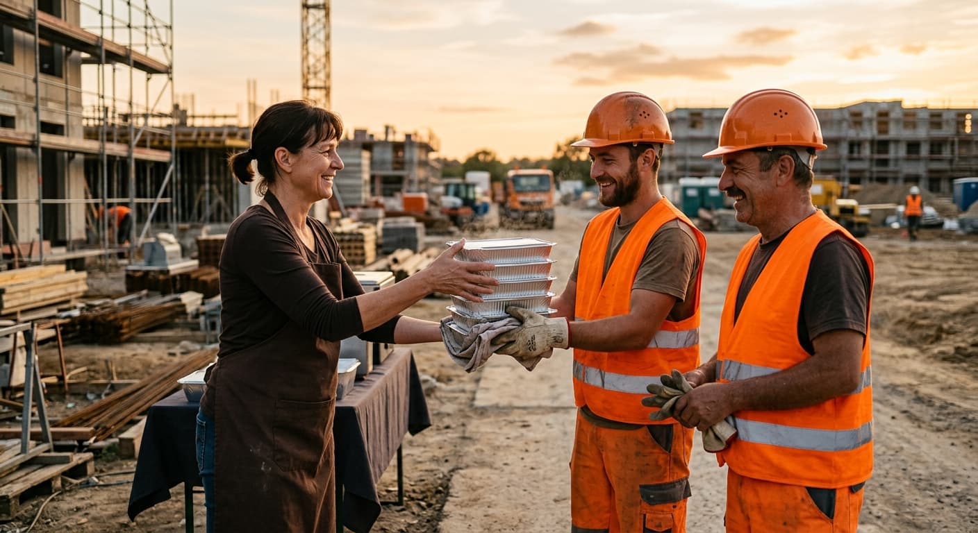 Übergabe des warmen Mittagessens an Bauarbeiter auf der Baustelle