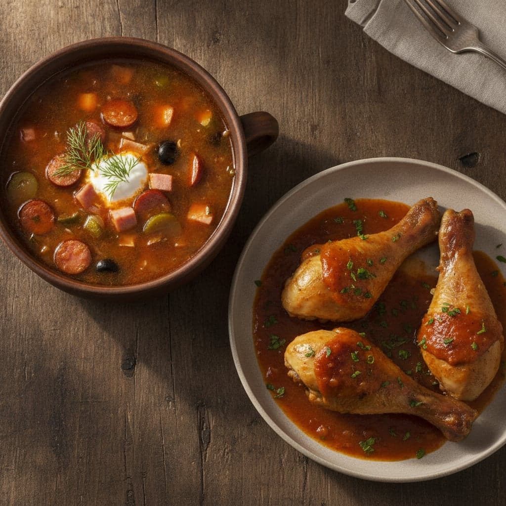 Soljanka & gebackene Hähnchenkeulen in Sauce