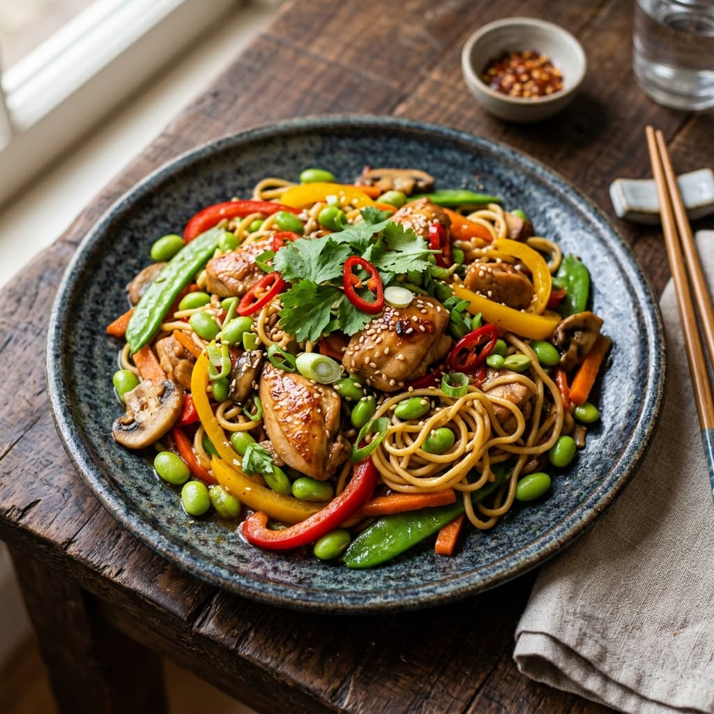 Hähnchen mit Edamame & Nudeln