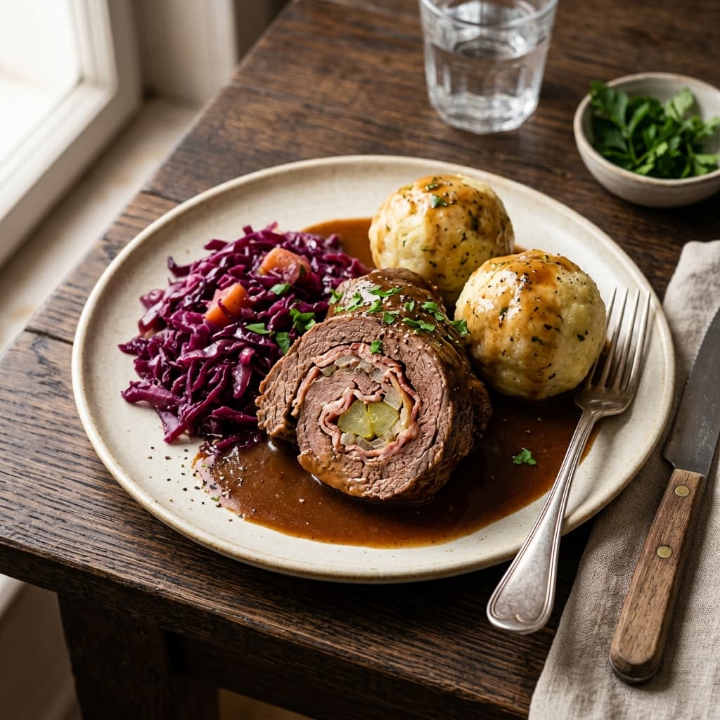 Rinderroulade mit Rotkohl und Klößen
