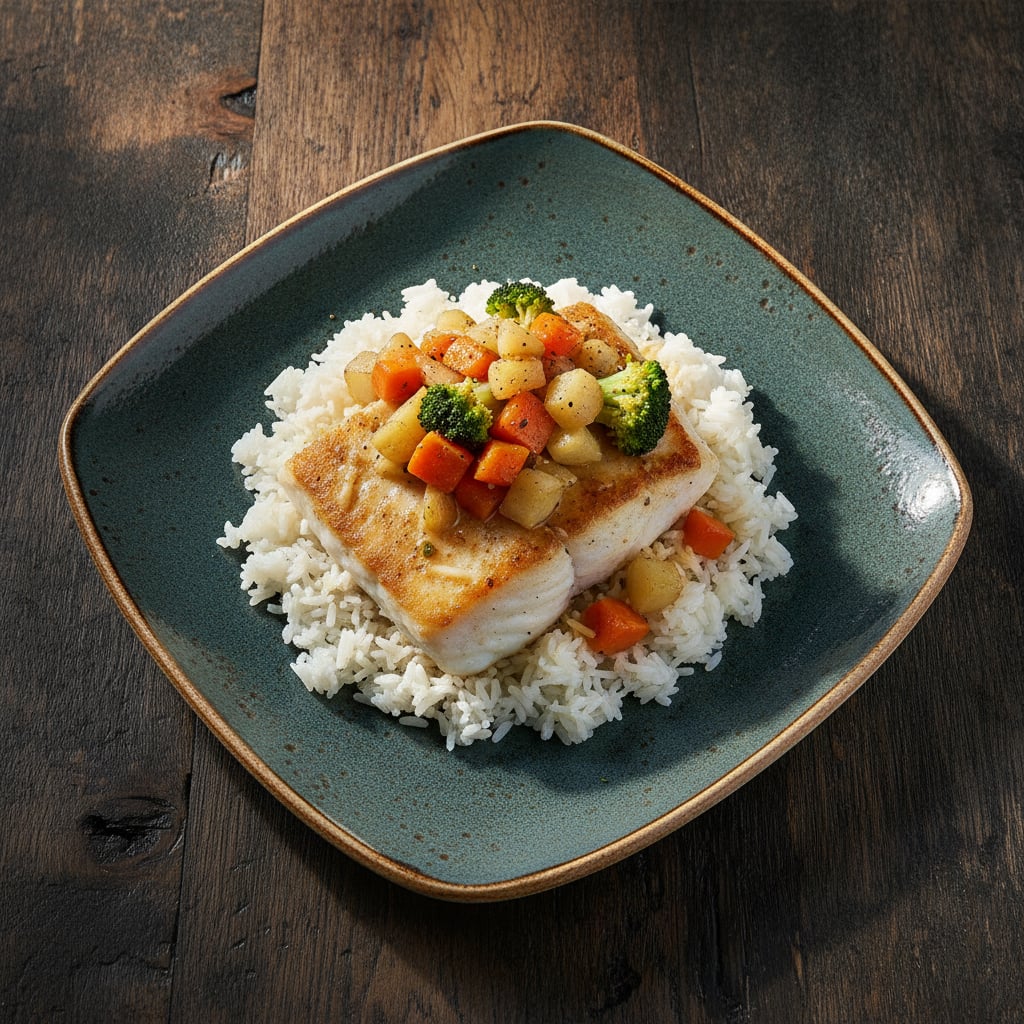 Fisch mit Gemüse auf Reis