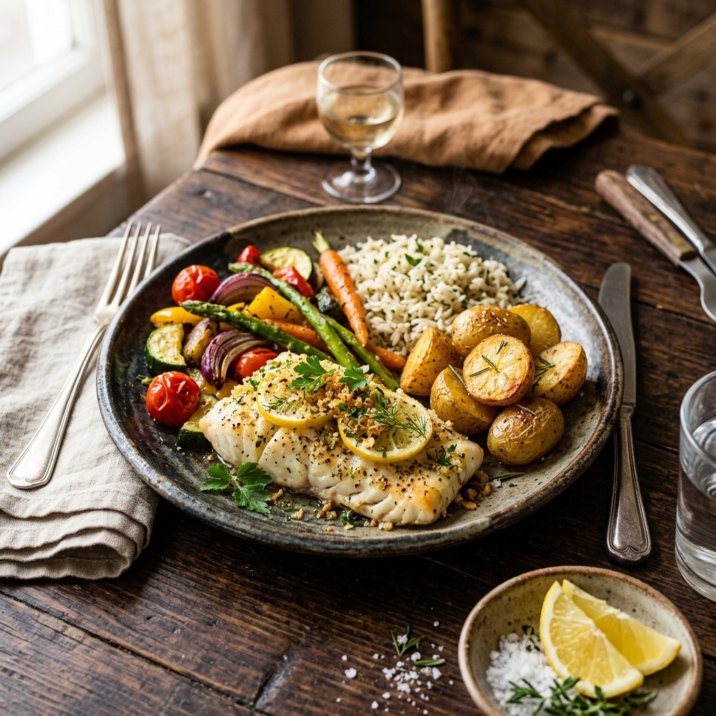 Fisch mit Gemüse, Kartoffeln & Reis