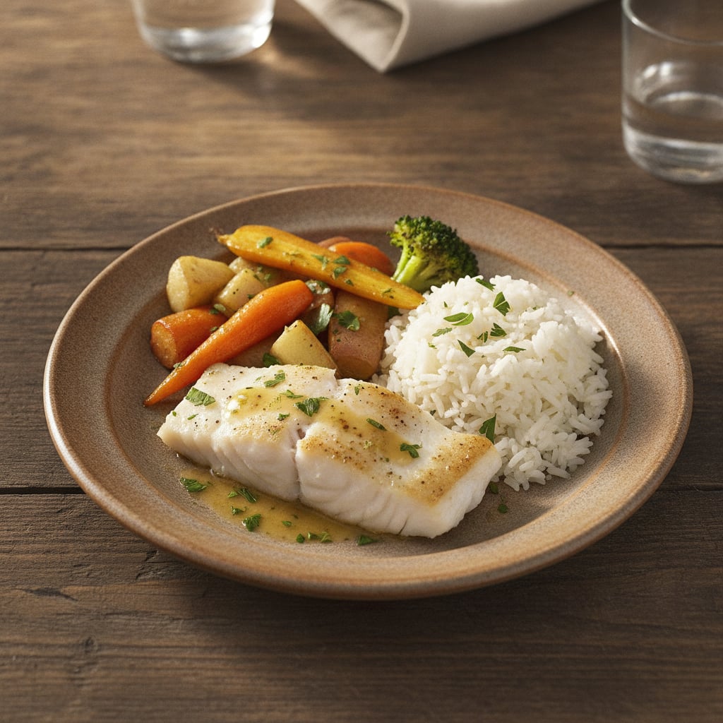 Fisch mit Gemüse und Reis