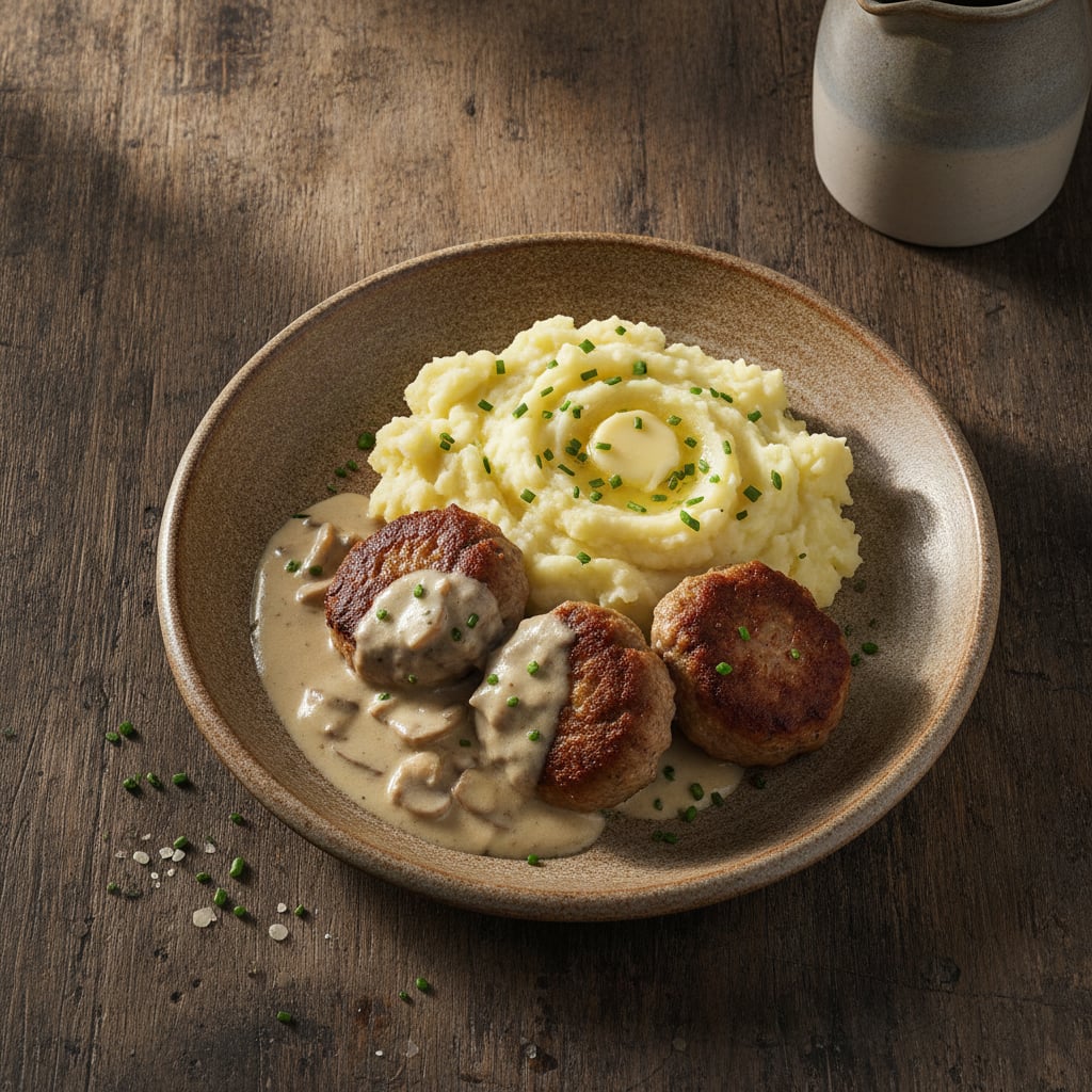 Frikadellen in Rahmsoße mit Kartoffelpüree