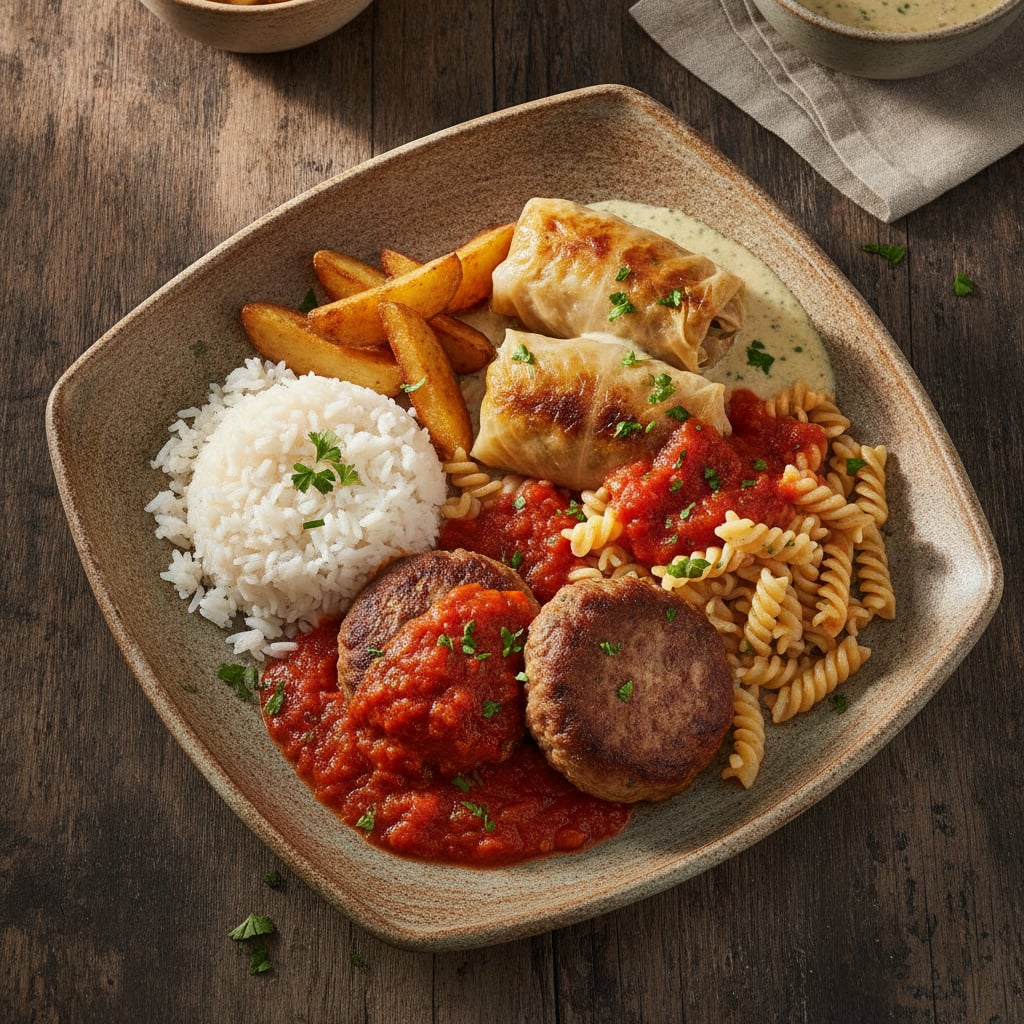 Frikadellen in Tomatensauce mit Kartoffeln, Reis & Nudeln