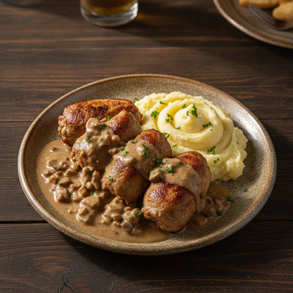Gefüllte Fleischröllchen mit Champignons und Kartoffelpüree