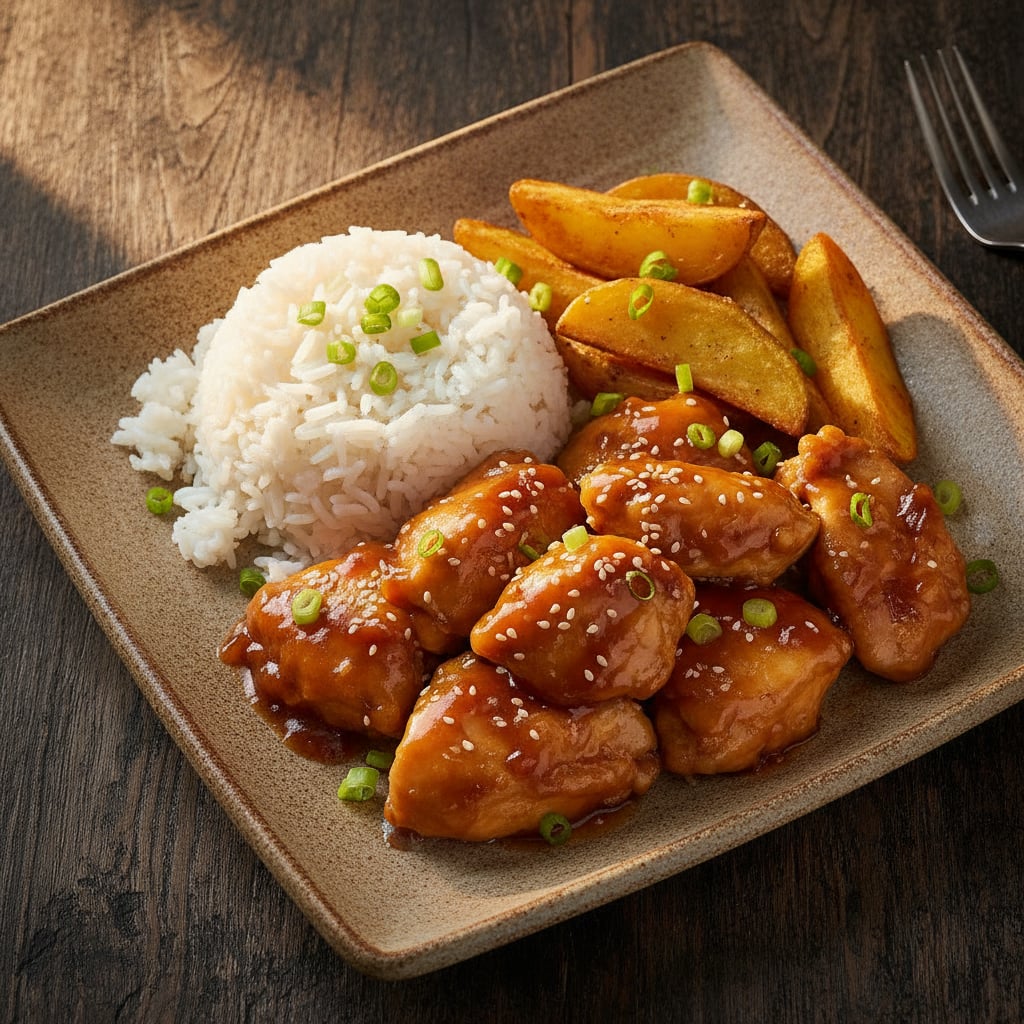 Hähnchen in chinesischer Sauce mit Reis & Kartoffeln