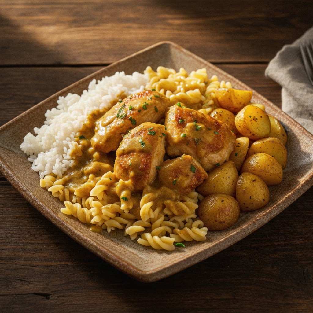 Hähnchen in Currysoße mit Kartoffeln, Nudeln & Reis