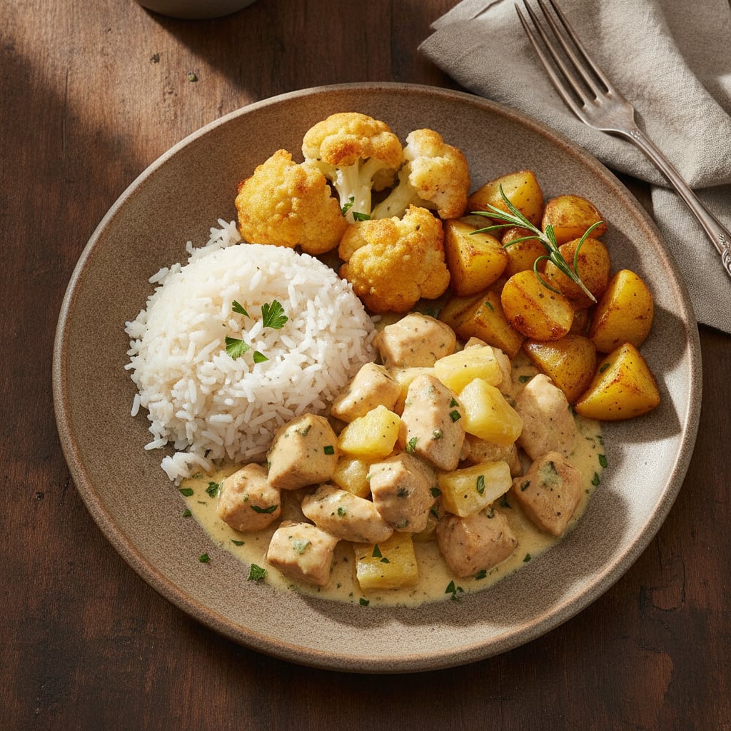 Hähnchen mit Ananas in Sahnesauce, Reis & Kartoffeln