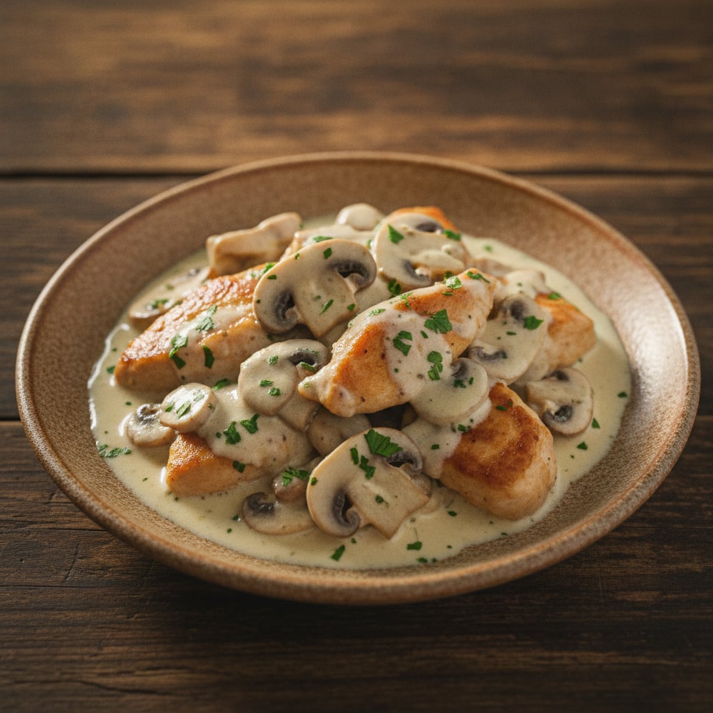 Hähnchen mit Champignons in weißer Sauce
