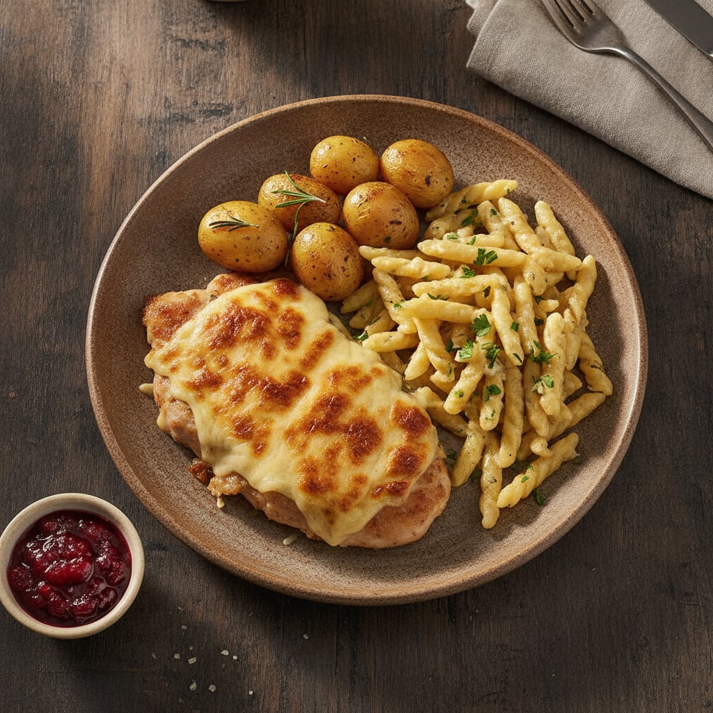 Hähnchenfilet mit Käsehaube, Kartoffeln & Nudeln