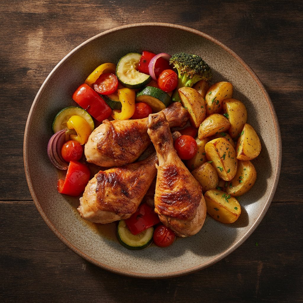 Hähnchenkeulen mit Gemüse und Kartoffeln