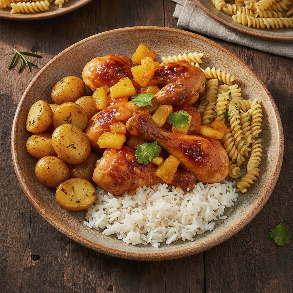 Hähnchenschenkel mit Ananas, dazu Kartoffeln, Nudeln & Reis
