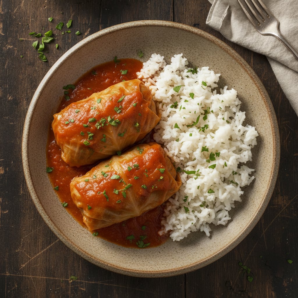 Kohlrouladen in Tomatensauce mit Reis