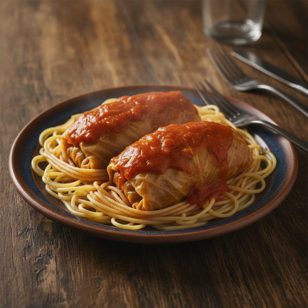 Kohlrouladen in Tomatensoße mit Spaghetti