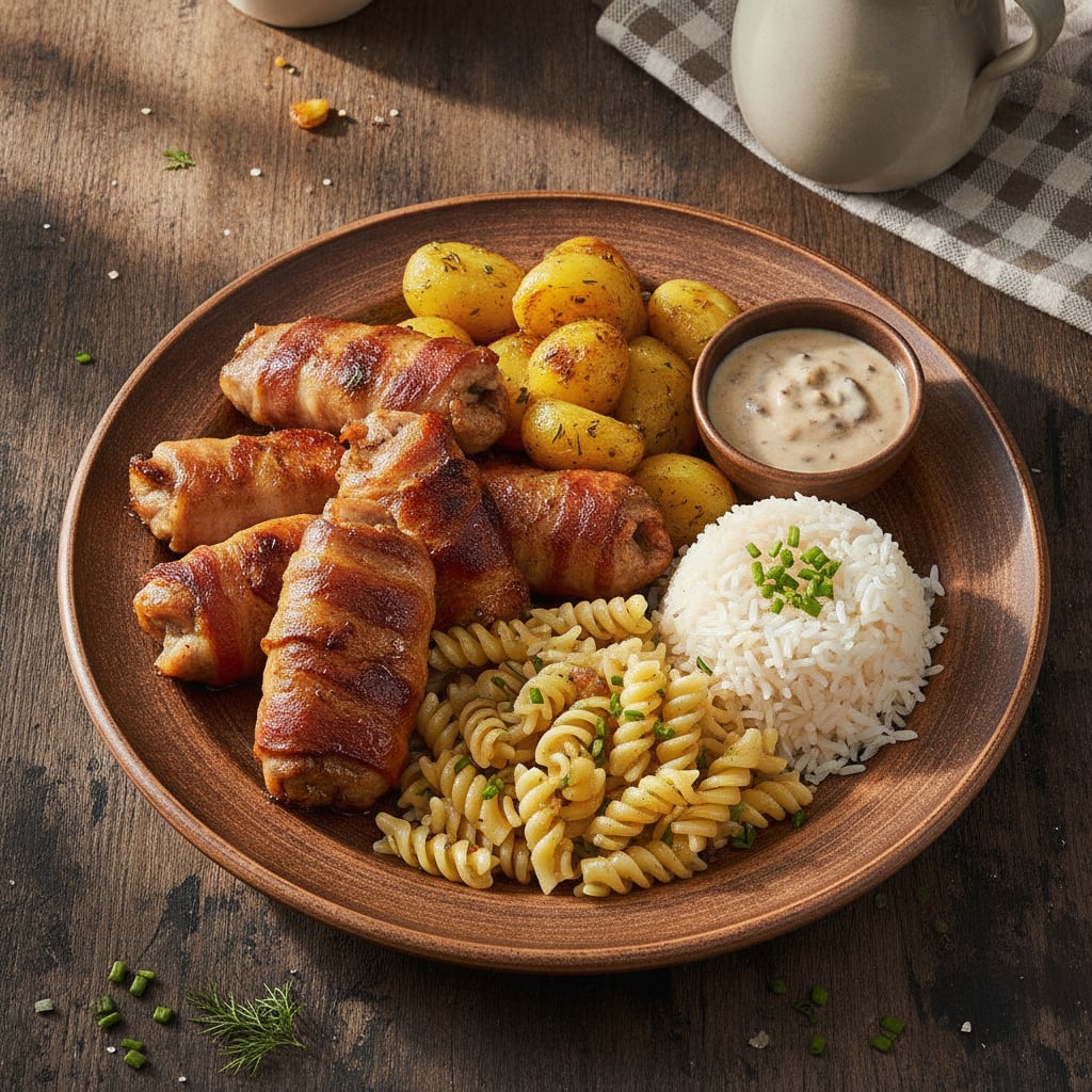 Krutschenyky mit Bacon, dazu Kartoffeln, Nudeln & Reis