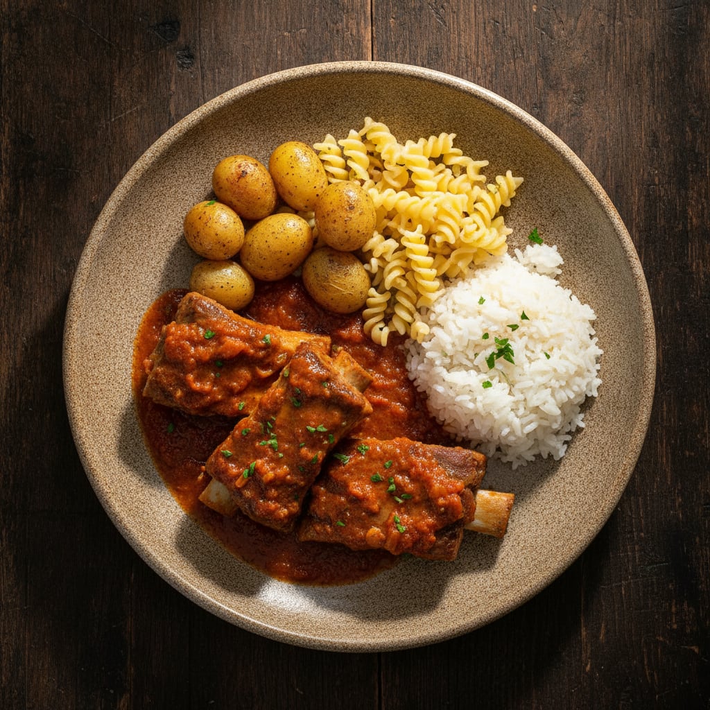 Rippchen in Tomatensoße mit Kartoffeln, Nudeln & Reis