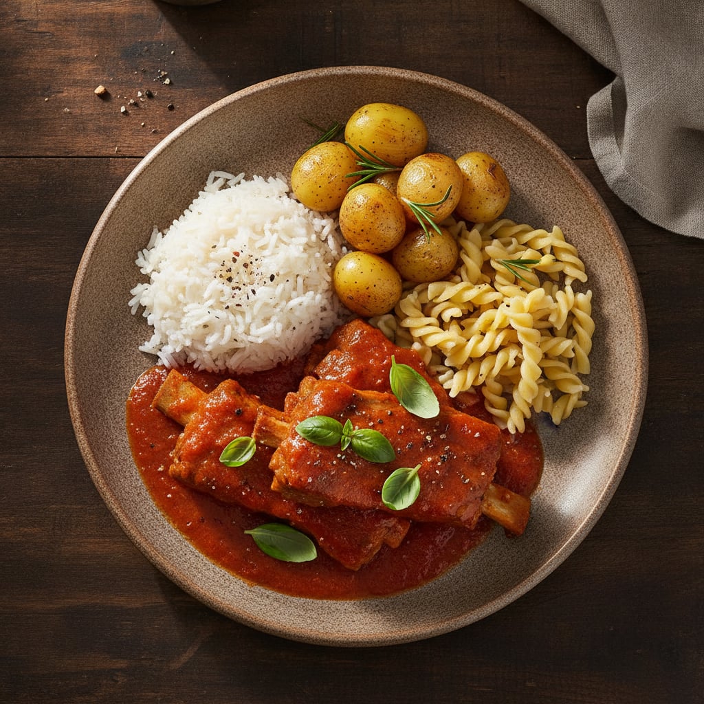 Rippchen in Tomatensoße mit Kartoffeln, Reis & Nudeln