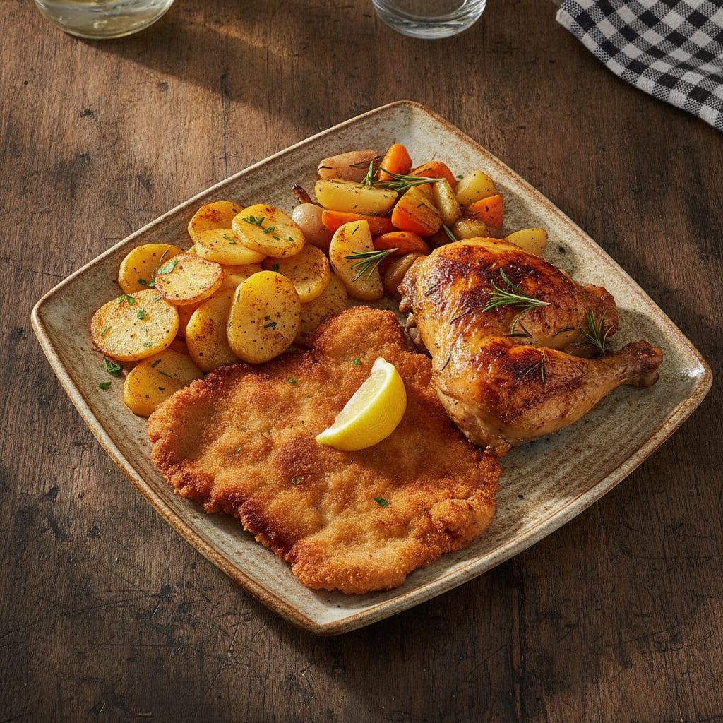 Schnitzel, Bratkartoffeln, Hähnchenviertel & Ofengemüse