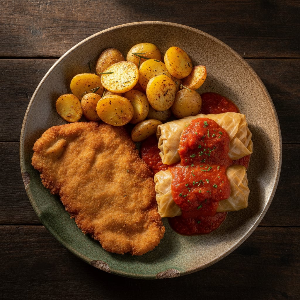 Schnitzel mit Ofenkartoffeln & Kohlrouladen in Tomatensauce