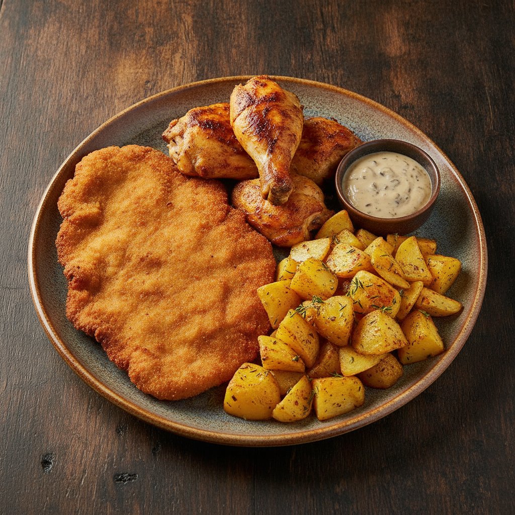 Schnitzel mit Ofenkartoffeln und Hähnchen