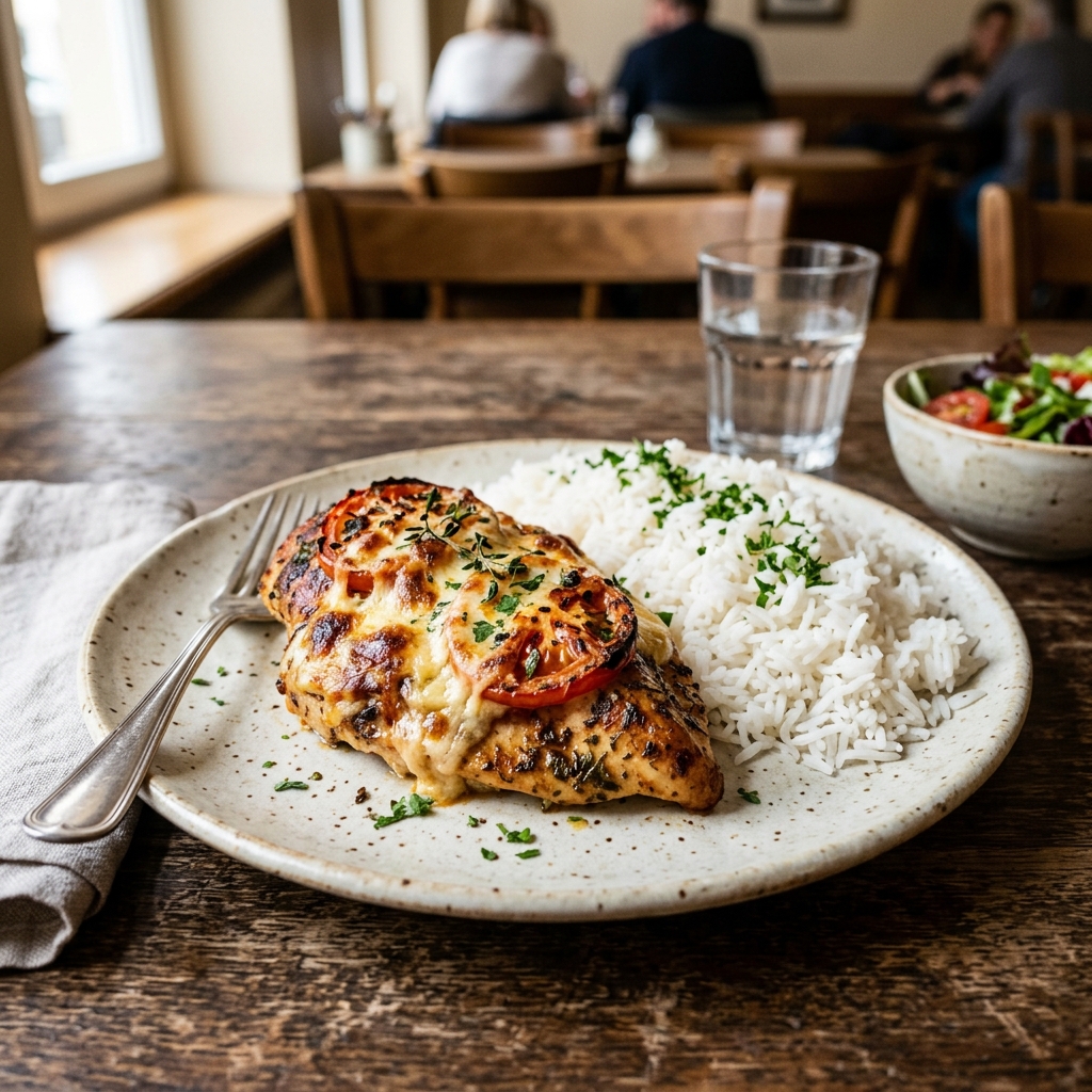 Soljanka, gebackenes Hähnchen mit Tomaten & Käse und Reis